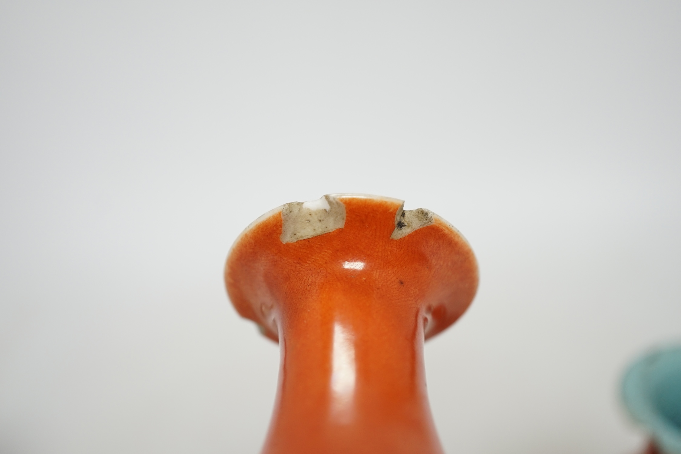 Six Chinese miniature porcelain vases and tea bowls, with wood stands, largest overall 15cm high. Condition - poor to fair